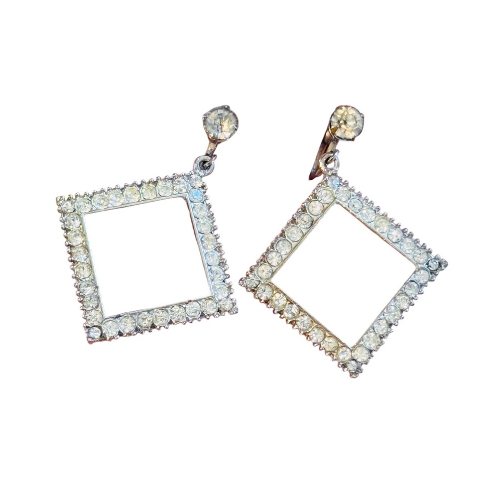 VTG Art Deco Screw‎ back Rhinestone Earrings Statement Dangle Silver Tone Rare